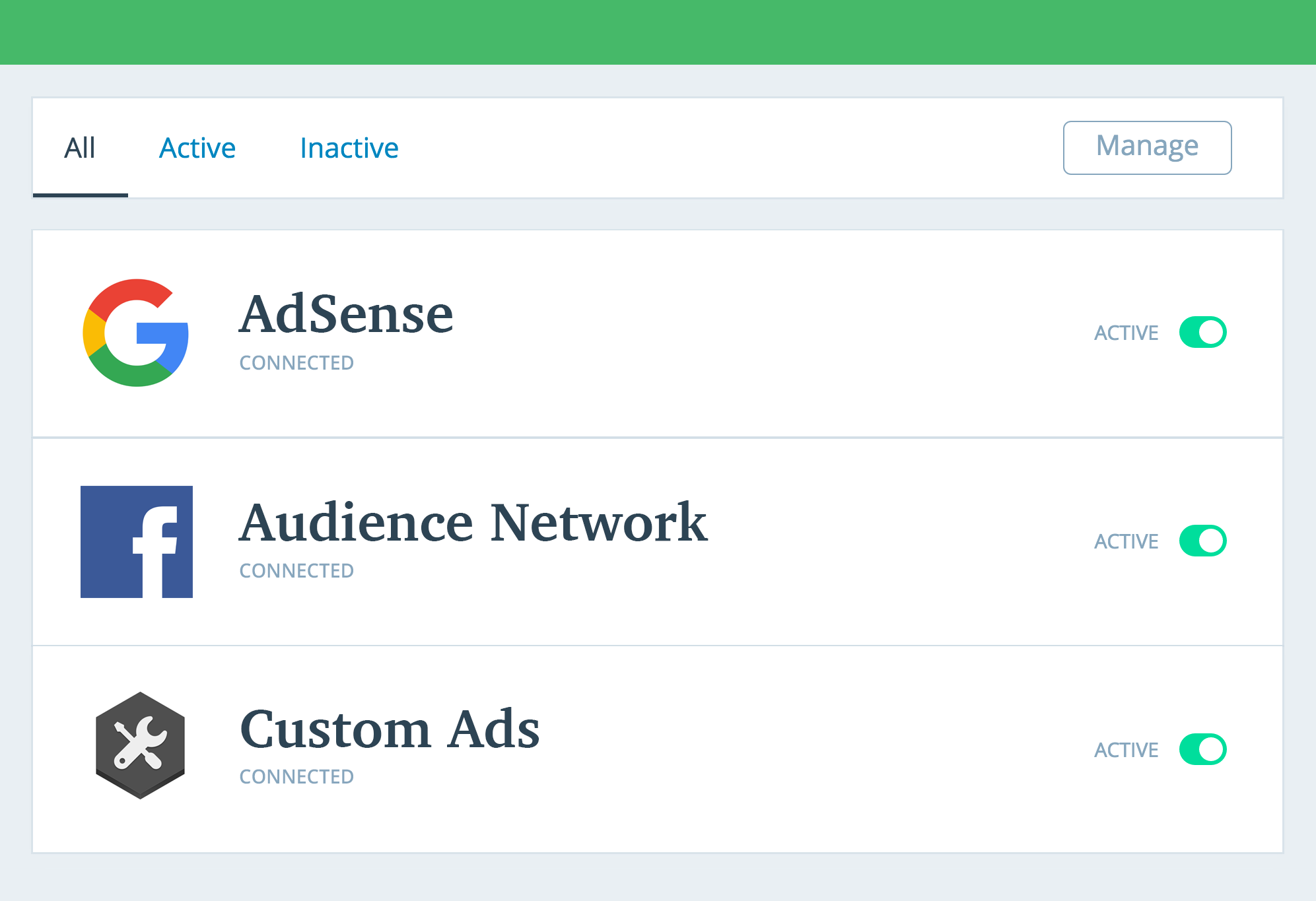Connect your Google AdSense account Au nce Network account or configure custom ads to serve ad units in your Instant Articles and